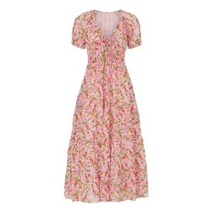 Banjanan Norma Pink Floral Print Puff Sleeve V-Neck Midi Dress